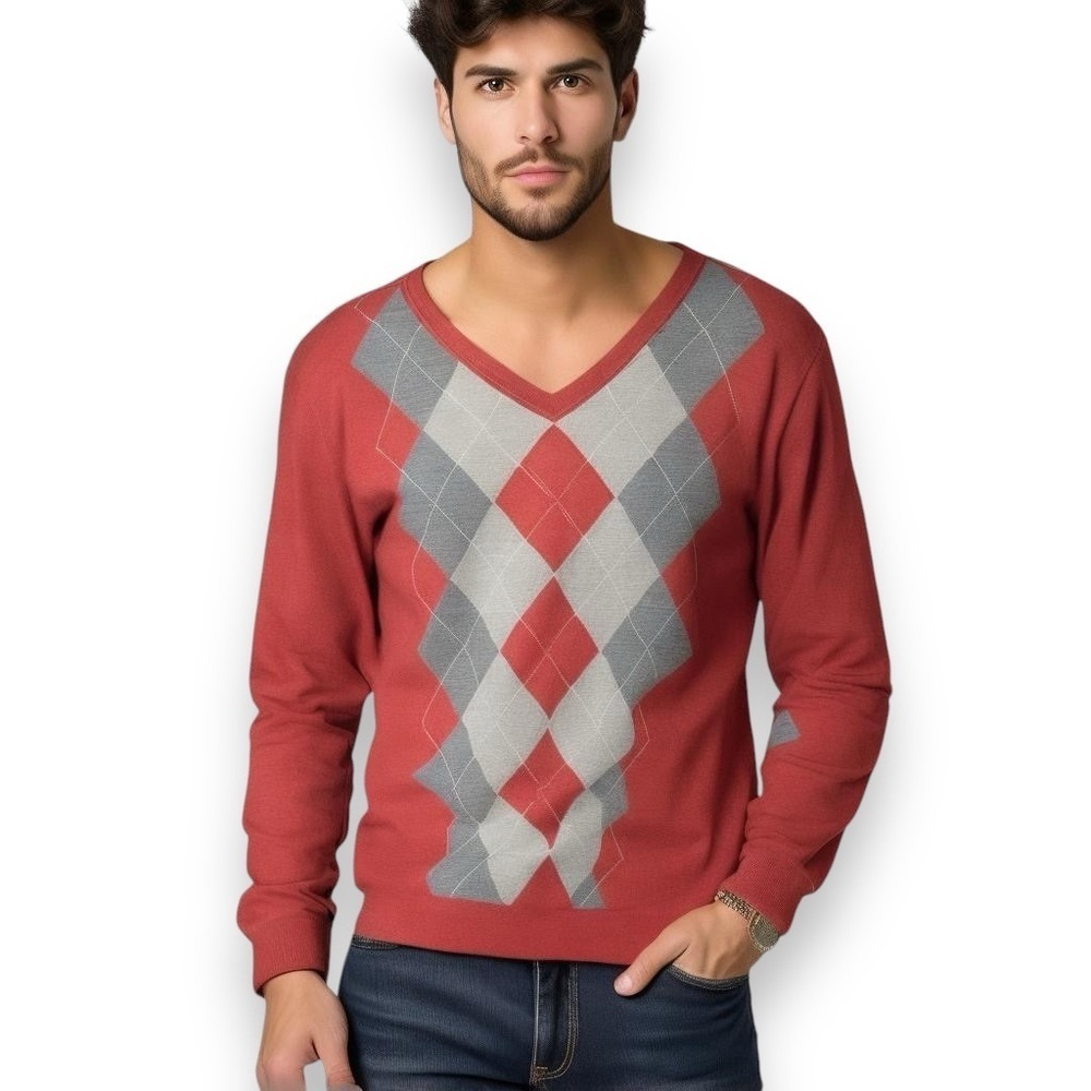 Men's APT. 9 Sweater, Porous Burgundy Gray 50% Wool VNeck 3XL